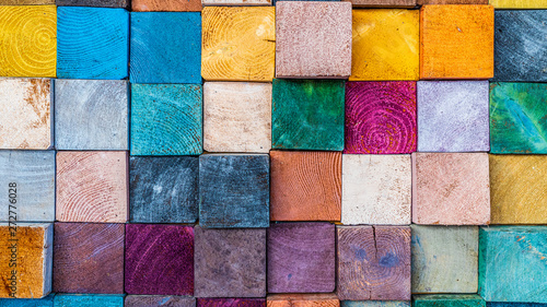 Fotografía Wood texture block stack on the wall for background, Abstract colorful wood texture