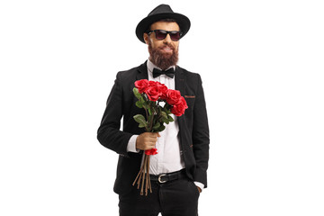 Sticker - Bearded man in a suit holding a bouquet of red roses