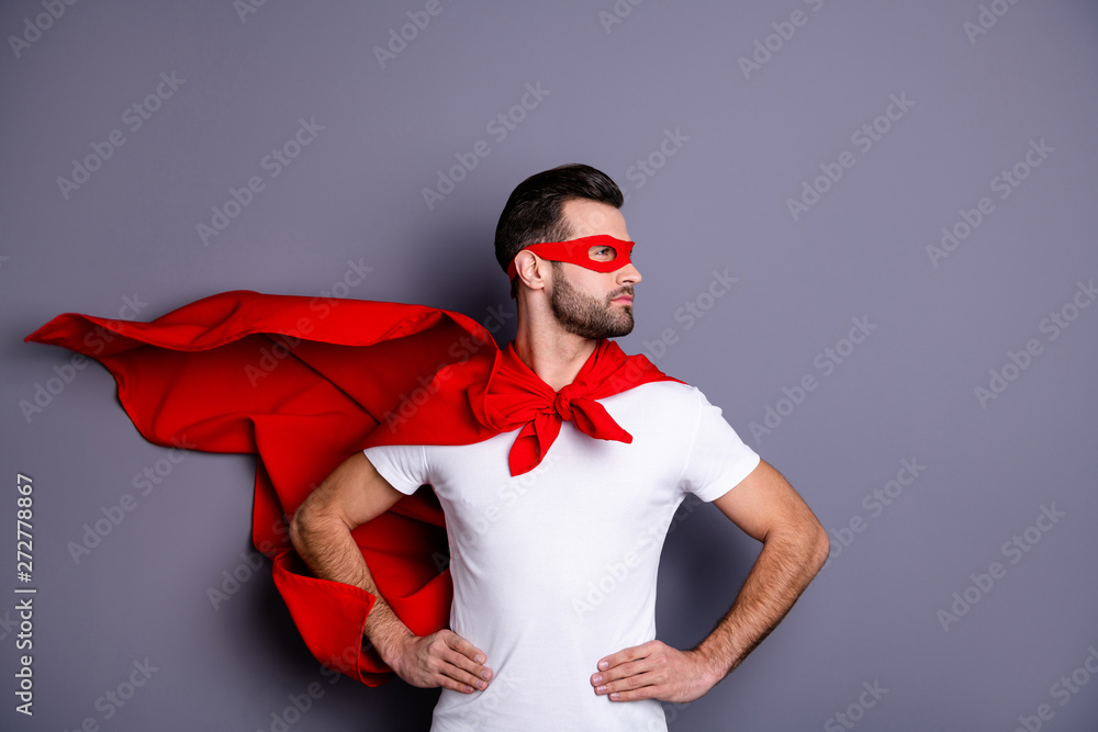 Portrait of his he nice-looking attractive content macho candid virile bearded guy looking aside ready to rescue isolated over gray pastel background - obrazy, fototapety, plakaty 