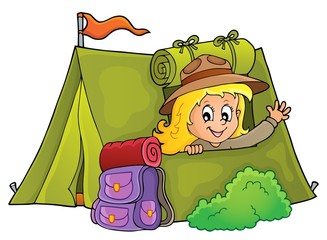 Wall Mural - Scout girl in tent theme 1