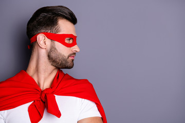 Sticker - Close-up portrait of his he nice-looking attractive cool ideal perfect content macho virile brutal harsh bearded guy ready to rescue life lifestyle looking aside isolated over gray pastel background