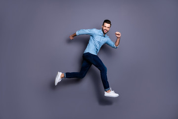 Sticker - Full length body size view portrait of his he nice cool perfect strong content cheerful cheery macho guy running activity marathon isolated over gray violet purple pastel background