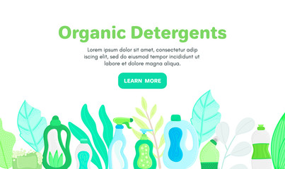 Vector background with eco friendly household cleaning supplies. Natural detergents. Landing page template. Products for house washing. Green home. Online store. Banner, mailing, advertising, label