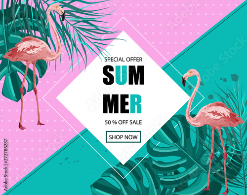 Flamingo banner Vector. Summer Sale promotion abstract background templates