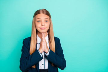 Sticker - Close up photo beautiful amazing yelling she her little lady hands arms palms together want stay home not go class wear formalwear shirt blazer school form isolated bright teal turquoise background