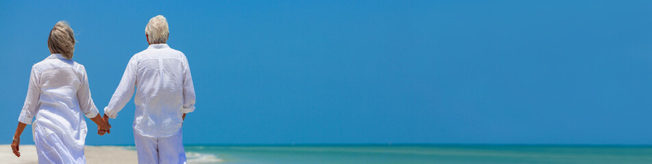 Wall Mural - Happy Retired Senior Couple Walking Holding Hands Beach Panorama