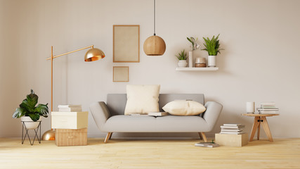 Wall Mural - Modern living room interior with sofa and green plants,lamp,table on living .3d renderin.