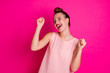 © deagreez - Portrait of cute charming pretty youth millennial have party lipstic lips stick red pomade shout scream delighted wear fashionable modern clothing top-knot she her isolated pink background