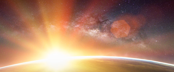 Wall Mural - landscape with milky way galaxy. sunrise and earth view from space with milky way galaxy. (elements 