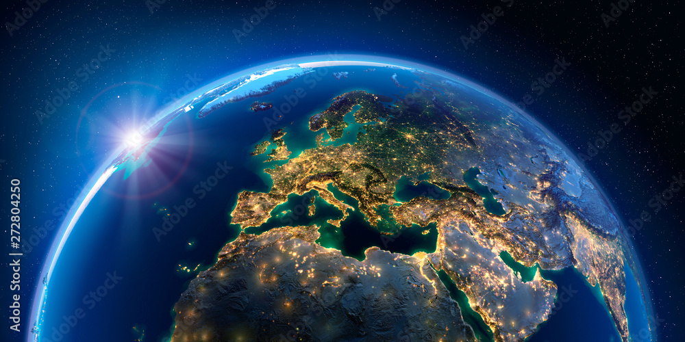 Planet Earth at night with the rising sun with the light of cities illuminating a detailed exaggerated relief. Europe. 3D rendering. Elements of this image furnished by NASA - obrazy, fototapety, plakaty 