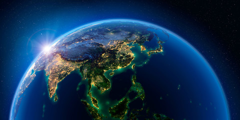 Wall Mural - earth at night and the light of cities. asian countries.