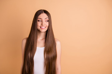 Sticker - Close-up portrait of her she nice-looking attractive lovely sweet well-groomed cheerful cheery lady strength effect keratin repair nourishing restore isolated over beige pastel background