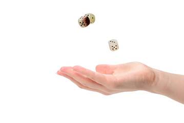 Woman throws dices isolated on white.