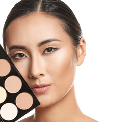 Sticker - Asian woman with cosmetics for contouring makeup on white background