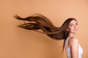 portrait of cute charming nice pretty teen teenager look hairstyle hair feel glad attractive lovely 