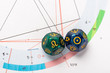 Astrology Dice with zodiac symbol of Leo Jul 23 - Aug 22 and its ruling celestial body the Sun on Natal Chart Background