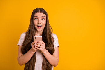 Wall Mural - close up photo beautiful amazing she her lady very long hairstyle wondered hold hands arms telephone