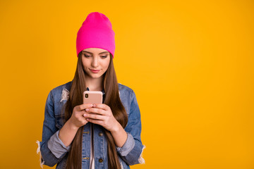 Poster - Close up photo beautiful amazing she her lady very long hairstyle hold hands arms telephone writing friends relatives parents wear casual jeans denim jacket pink hat isolated yellow bright background