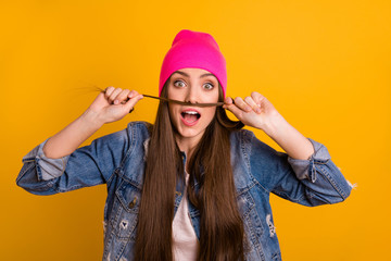 Poster - Close up photo beautiful amazing she her stylish lady friendly teen make false fake moustache like he him his man male guy wear specs casual jeans denim jacket pink hat isolated yellow background