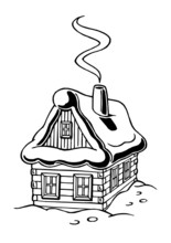 Wooden Hut In The Mountains Covered By Snow, Black And White Clipart
