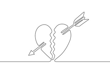 Two halves of broken heart with arrow drawing in style of one continuous line black color. Self drawing