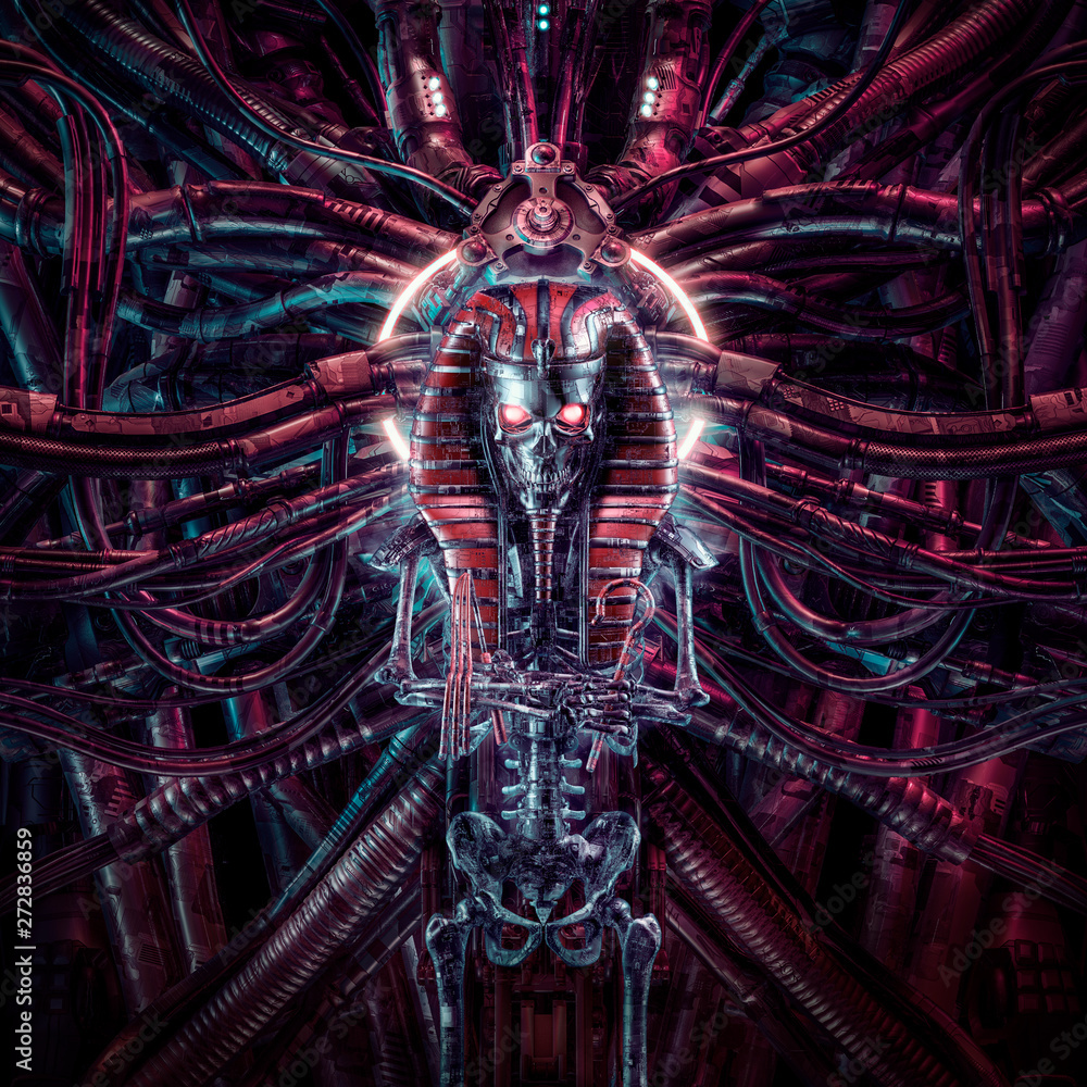 Curse of the neo pharaoh / 3D illustration of metallic futuristic zombie skeleton Egyptian robot surrounded by alien machinery