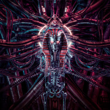 Curse Of The Neo Pharaoh / 3D Illustration Of Metallic Futuristic Zombie Skeleton Egyptian Robot Surrounded By Alien Machinery