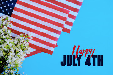 Wall Mural - Happy July 4th text with US flags on blue background for holiday banner.
