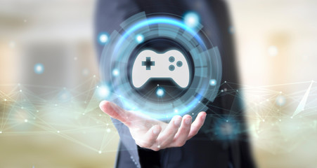 businessman with digital technology joystick glass concept