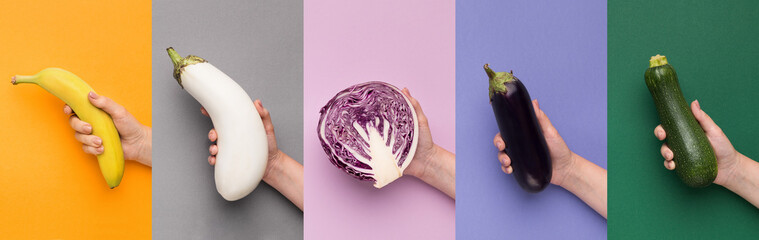 Fruits and vegetables set on different backgrounds