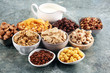 © beats_ - Cereal. Bowls of various cereals and milk for breakfast. Muesli with kids cereals.