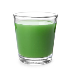 Glass of fresh wheat grass juice on white background