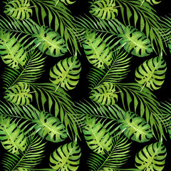 Wall Mural - hand drawn watercolor floral tropical seamless pattern with green monstera leaves and palm tree leaves on black  background