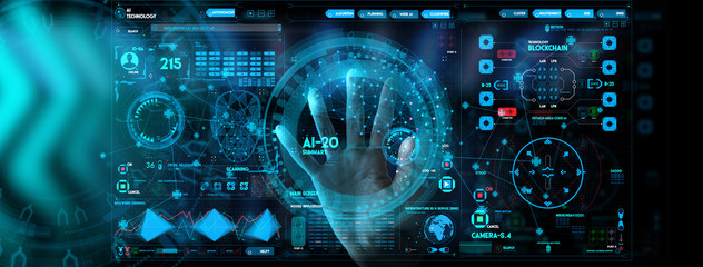 Fototapete - Business hand working with cryptocurrency and Ai conputer interface.