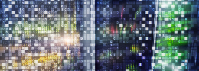 Wall Mural - binary code on datacenter background. cyber space concept. uniquetechnology wallpaper.
