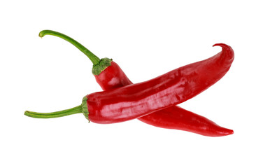 two hot red jalapeno peppers on white background