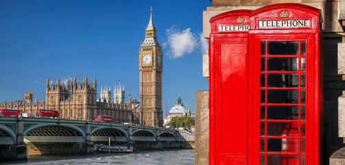 Fototapete - London symbols with BIG BEN, DOUBLE DECKER BUSES and Red Phone Booths in England, UK