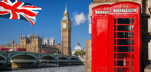 Fototapete - London symbols with BIG BEN, DOUBLE DECKER BUS, FLAG and Red Phone Booths in England, UK