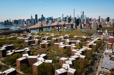 Aerial of Queensborough bridge and downtown manhattan