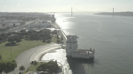 Wall Mural - Belem tower in Lisbon, Portugal, UNESCO site, 4k aerial ungraded raw