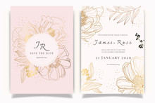 Rose Gold  Wedding Invitation, Floral Invite Thank You, Rsvp Modern Card Design In White Peony With Red Berry And Leaf Greenery  Branches Decorative Vector Elegant Rustic Template