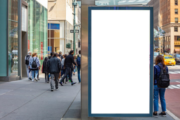 blank billboard at bus stop for advertising, new york city buildings and street background