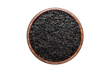 Wall Mural - Nigella or Black cumin seeds spice in wooden bowl, isolated on white background. Seasoning top view