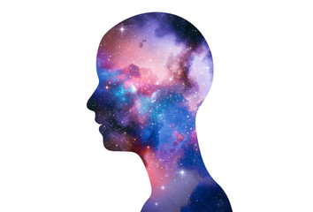 Wall Mural - silhouette of virtual human with aura chakras on space nebula 3d illustration