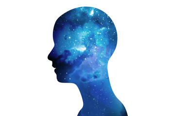 Wall Mural - silhouette of virtual human with aura chakras on space nebula 3d illustration