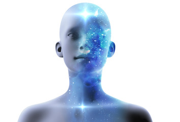 Wall Mural - silhouette of virtual human with aura chakras on space nebula 3d illustration