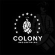 Colony logo design with negative space illustrations of soldiers wearing hats and carrying drum instruments surrounded by stars