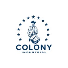 Colony Logo Design With Illustrations Of Soldiers Wearing Hats And Carrying Drum Instruments Surrounded By Stars