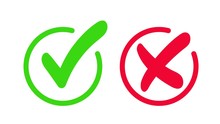 Green Check Mark, Approval Mark. Red Cross, Rejection Sign. Green Checkmark And Red Cross Icon Isolated On White Background.