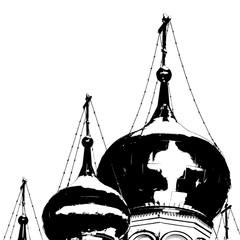 Before us is a contrasting, almost graphic, black-and-white image of the two domes of the Holy Trinity Stefan monastery. Cloudless sky, snow is visible on the domes, the sun is reflected in the domes.